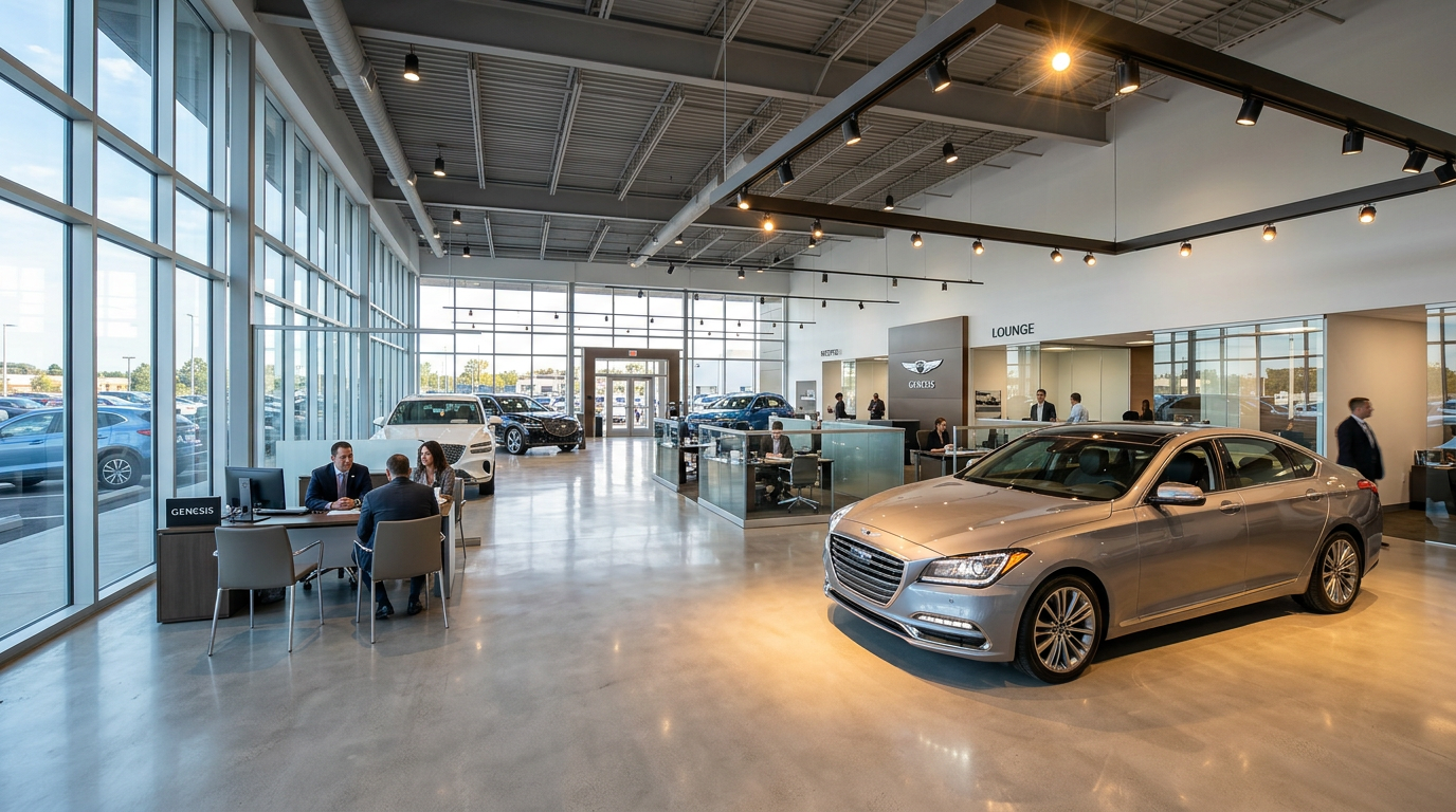 Showroom interior with a bright metallic silver sedan and visible dealership floor